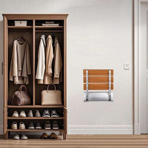 Folding Shower Seat Wall Mounted Bench Teak Wood Chair With 350 Lb Capacity next to closet, folded against wall.