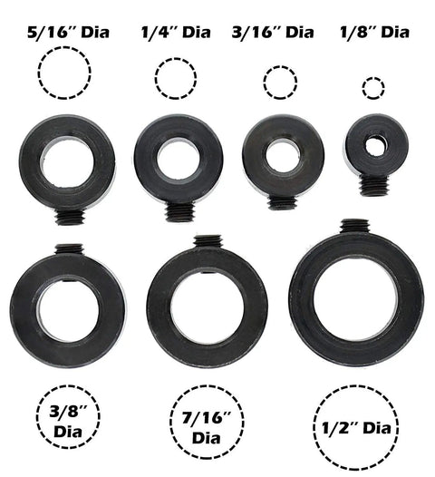 Drill Stop Bit Collar Set With Allen Wrench For Tight Precise Drilling Seven Piece Kit In Sizes From One Eighth To One Half Inch.