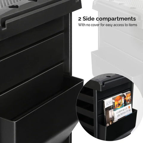 Side view of the Sturdy Salon Trolley With Lock And Six Drawers, Hot Tools Holder, featuring open side compartments.