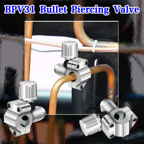 Front view of two chrome BPV31 bullet piercing valves for 1/4–3/8 in refrigerator tubing.