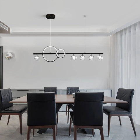 Lit Modern LED Chandelier With Remote 40W Black Five Light Linear Pendant Lighting With Crystal Lampshade in dining room