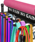 Heavy Duty Wall Mounted Gym Rack With Eight Hooks For Home Workout Gear Storage holding bands, ropes, and yoga mat