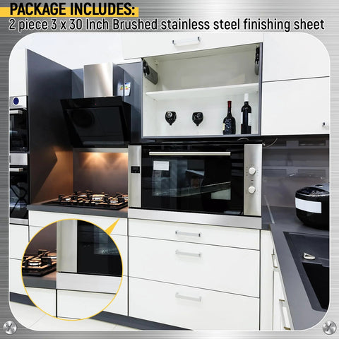 Two 3x30 inch brushed stainless steel trim strips in silver for finishing gaps in kitchen cabinetry