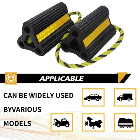 Beefy Heavy Duty Wheel Chocks For Trailers RVs Campers Trucks And Small Aircraft - Solid Rubber Block With 3 Reflective Strips