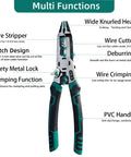 10 In 1 Wire Stripper Tool For Electrical Cables Heavy Duty Multi Tool Pliers with labeled functions and green PVC handle