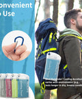 4 Pack Cooling Towels For Gym And Outdoors 40x12 Inches Soft Breathable Microfiber Instant Chill attached to a hiking backpack