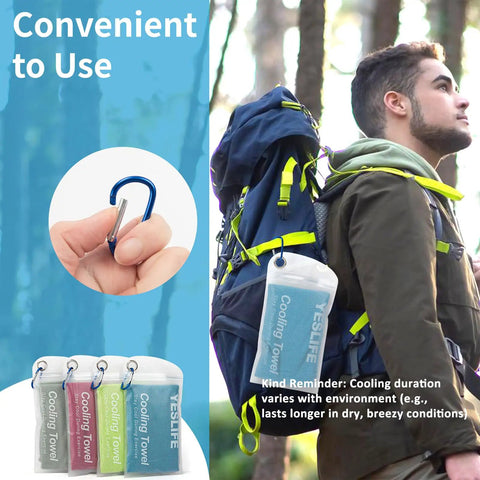 4 Pack Cooling Towels For Gym And Outdoors 40x12 Inches Soft Breathable Microfiber Instant Chill attached to a hiking backpack