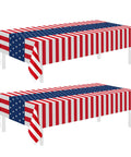Patriotic Tablecloth Set Two Pack 54 By 108 Inch Disposable All American Flag Table Covers for Fourth of July Displayed on Tables