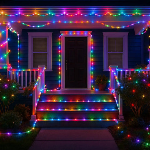 132ft LED Rope Lights Outdoor Waterproof Color Changing String Lights With Remote 400 LEDs illuminate a porch