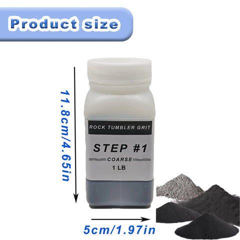 4 Step Rock Tumbler Grit And Polish Refill Kit With Silicon Carbide Grit For Coarse To Final Polish Includes 60 180 400 1000 Grits For Any DIY Rock Tumbler Or Stone Polisher, showing a coarse grit bottle with dimensions.
