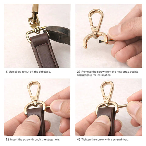 Installation steps for Two Pack Detachable Snap Hook Swivel Clasp With Screw Bar For Bag Straps, Brushed Brass, VT493.
