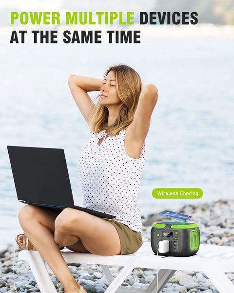 Compact 200W Portable Power Station With 42000mAh Battery, 110V AC Outlet, USB C, USB QC3.0, 155Wh Backup Pack beside a woman using a laptop