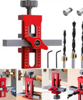 Go-To 2-In-1 Cabinet Door Installation Jig With Adjustable Positioner, aluminum alloy tool and drill bits, red finish, in use