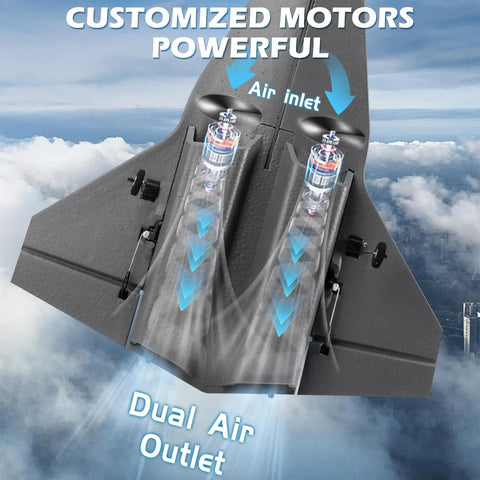 4 Channel RC Plane With 2.4GHz Radio For Beginners, Lightweight EPP Foam Jet With SR 72 Recon Look, showing dual air outlet design.