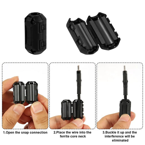 Close-up of 20 Piece Clip On Ferrite Core Beads For 7mm Cables EMI RFI Noise Suppressor Clamp On Ferrite Chokes For USB Power Cables