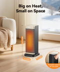 Cozy Up Portable Indoor Space Heater With 1500W PTC Ceramic Fast Heat in a living room setting with dimensions and features.