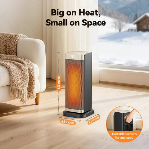 Cozy Up Portable Indoor Space Heater With 1500W PTC Ceramic Fast Heat in a living room setting with dimensions and features.