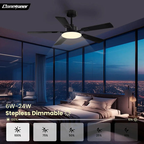 52 Inch Ceiling Fan With Lights And Remote For Bedroom Living Room Kitchen Office Indoor Outdoor Use 6 CCT Dimmable showcased in a modern bedroom setting.