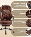 Big And Tall Heavy Duty Reclining Office Chair With Footrest 400 Lb Capacity Brown Leather Executive Desk Chair detailing features.