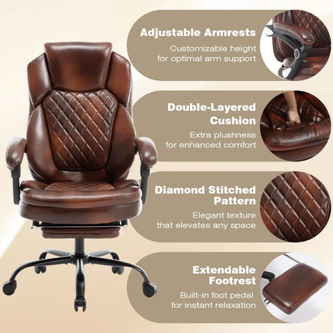 Big And Tall Heavy Duty Reclining Office Chair With Footrest 400 Lb Capacity Brown Leather Executive Desk Chair detailing features.
