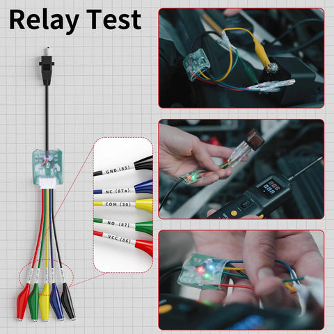 Power Circuit Probe Kit And Tester For 6V To 24V DC Systems with connector cables and relay test setup, used by a mechanic.