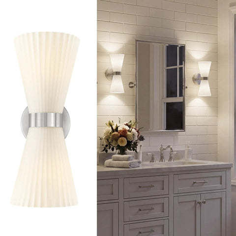 HWH Wall Sconces Set of 2, Indoor Up Down Wall Light, 5HZG97B-2W-2PK BN in bathroom with sleek frosted shades.