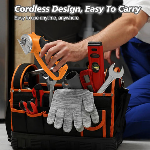 Hassle Free Cordless Electric Scissors Rechargeable Box Cutter With Led Light And Safety Lock in tool bag, ergonomic grip visible.