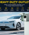 Built Tough Nema 14 50R Electric Vehicle Charging Outlet 50 Amp Ev Charger Socket with weather-resistant wall plate outdoors.