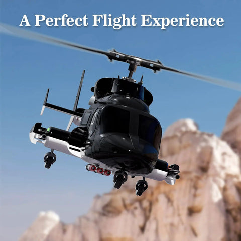 Airwolf RC Helicopter 1:27 Scale Ready To Fly With Auto Hover Six Channel Control Dual Batteries flying in sky scene.