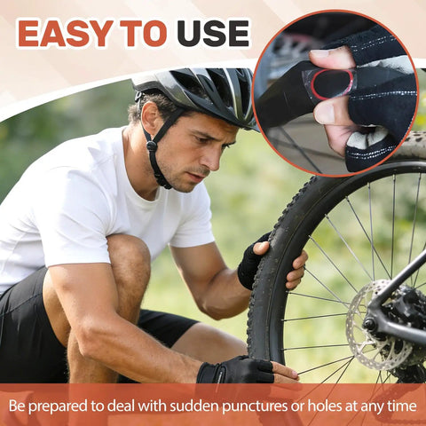 Cyclist using 96 Pack Bicycle Tire Patch Kit For Inner Tubes Rubber Bike Patch Set For Road Mountain And Motorcycle Tires.