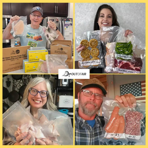 Collage of people holding 100 Count Pre Cut 4x6 Vacuum Sealer Bags 4 Mil Commercial Grade BPA Free compatible with clamp sealers