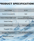 Specifications chart of Non Contact Liquid Level Sensor For Closed Containers Compatible With Arduino Raspberry Pi And Other Microcontrollers