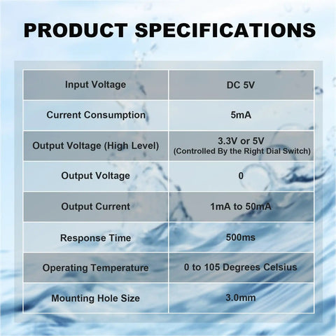 Specifications chart of Non Contact Liquid Level Sensor For Closed Containers Compatible With Arduino Raspberry Pi And Other Microcontrollers