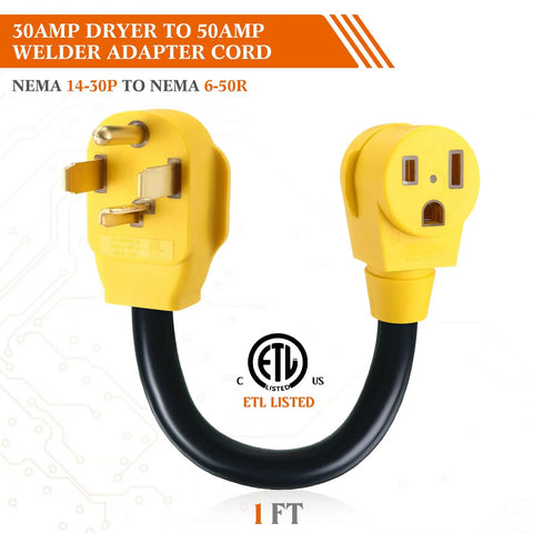 Badass 1 Ft Nema 14-30P To 6-50R Welder Adapter Cord With 10 Awg Stw Build And ETL Approval, featuring yellow connectors.