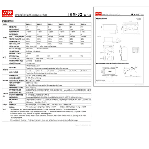 Straight Up Rock Solid 5V AC DC Power Supply 2W Single Output PCB Mount specifications sheet detail.