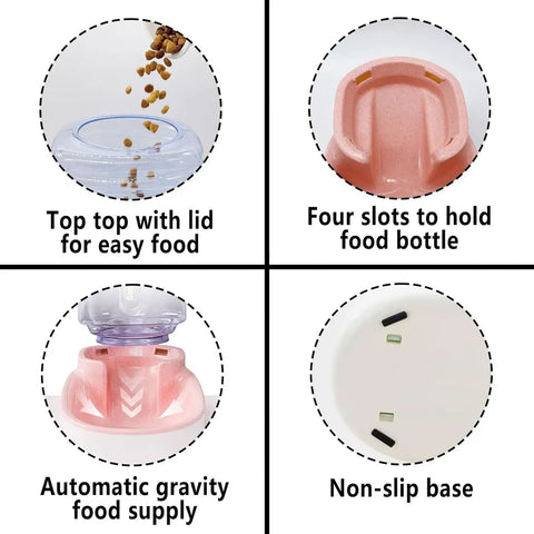 Reliable Gravity Dog Food Dispenser Automatic Cat Feeder With One Gallon Capacity For Small Medium Dogs And Cats Pink Siphon Kibble Station features top lid and non-slip base.