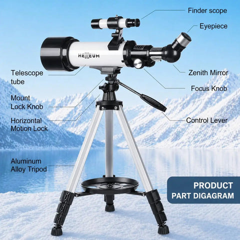 Kid Friendly Portable Refractor Telescope For Kids And Adults With 70mm Aperture And 500mm Focal Length, diagram showing parts labeled.