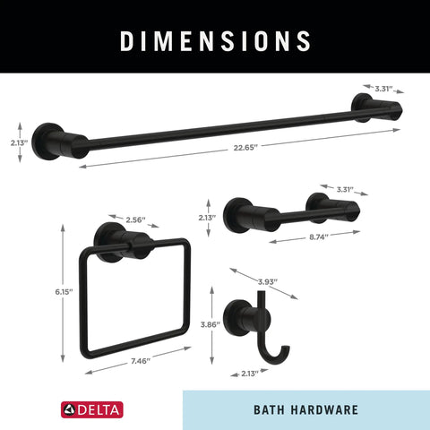 Slick Matte Black 4 Piece Bathroom Hardware Set With Adjustable 18 or 24 Inch Towel Bar Towel Ring Toilet Paper Holder and Hook