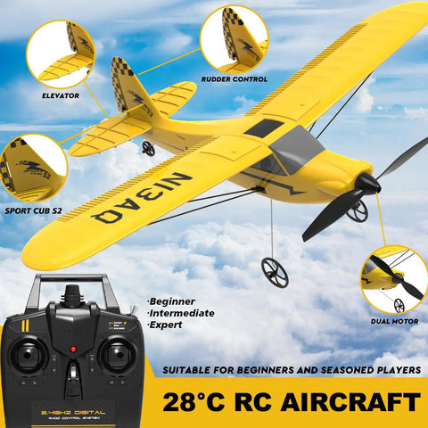 Noob Friendly RC Plane With XPILOT Stabilization System Prop Saver And One Key U Turn For Easy Flight 3 Channel Remote Control Trainer For Kids And Adults Ultra Stable Gyro Aerial Flier In Yellow, shown with remote control and labeled features