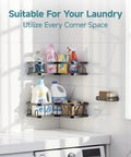 Adhesive Corner Shower Caddy 3-Pack With Soap Holder And Hooks, Space-Saving, No Drill Bathroom Shelves, Rustproof Waterproof Organizer For Small Bathrooms, Kitchen And Rental Friendly, Black, installed in laundry room corner displaying cleaning supplies.