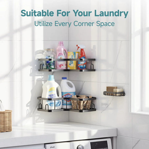 Adhesive Corner Shower Caddy 3-Pack With Soap Holder And Hooks, Space-Saving, No Drill Bathroom Shelves, Rustproof Waterproof Organizer For Small Bathrooms, Kitchen And Rental Friendly, Black, installed in laundry room corner displaying cleaning supplies.