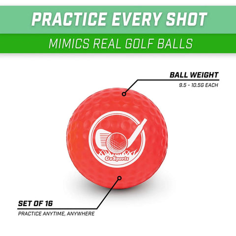 Foam Golf Practice Balls 16 Pack with realistic feel and limited flight, red ball, labeled weight and set details, for safe practice
