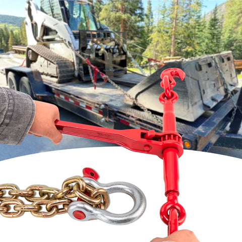 Using Heavy Duty Chain Binders And Tie Down Chains 3/8 To 1/2 Inch 10 Foot Length With G70 Hooks Ratchet Load Binders 9,215 Lb Working Strength Towing Chain For Flatbed Trailer And Truck on flatbed