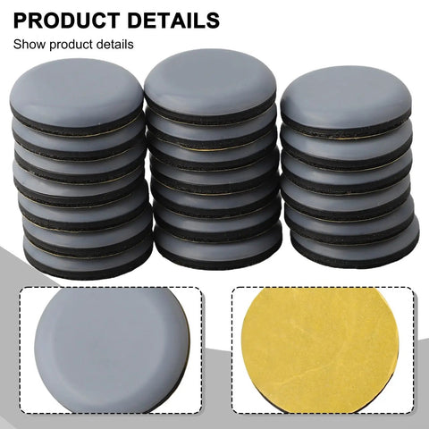 Stack of heavy duty furniture sliders with 30mm PTFE glides for chairs, sofas, beds, and dining tables on wood and carpet.