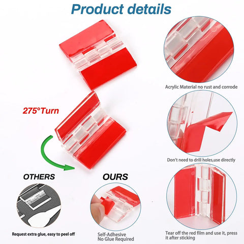 Set Of 4 Clear Acrylic Piano Hinges Self Adhesive For Cabinets And Drawers, 275 Degree Rotation, product details image