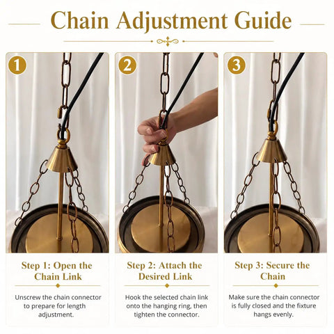 Chain adjustment guide for Straight Up Vintage Vibes Handblown Textured Glass Pendant Light With Brushed Antique Brass Finish.