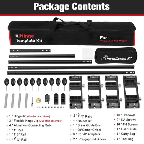Straight Up Solid Door Hinge Template Kit With Modular Aluminum Rails, showing all components including rails, jig, and tools.