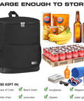 Insulated Cooler Backpack for Travel and Camping, Leak Proof Soft Sided Backpack Cooler, fits 30 cans, shown with various items.