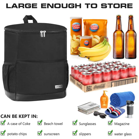 Insulated Cooler Backpack for Travel and Camping, Leak Proof Soft Sided Backpack Cooler, fits 30 cans, shown with various items.