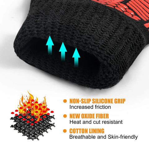Extreme Heat Resistant BBQ Gloves For Grilling And Baking Up To 1472F showcasing non-slip silicone grip and cotton lining.